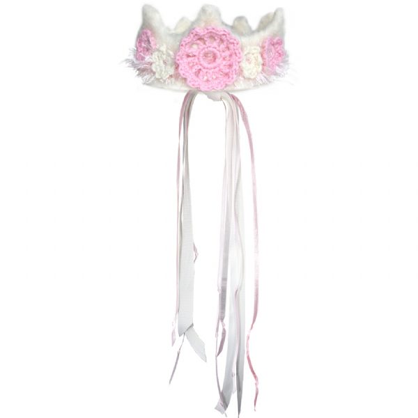 Pink and cream princess crochet wool crown with floral details and ribbon ties for little girls