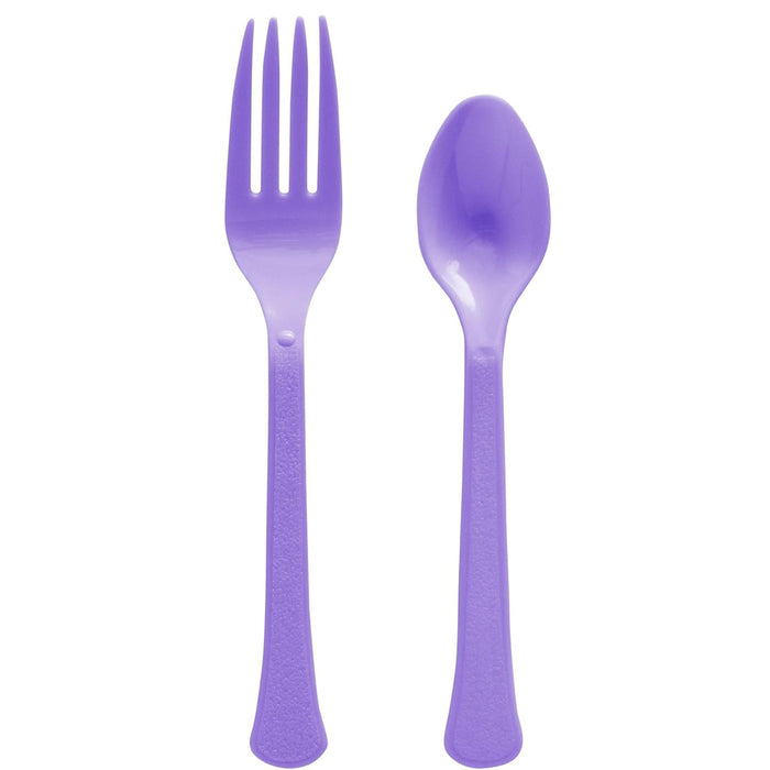 Purple heavy weight plastic fork and spoon set for parties, baby showers, and pastel themed entertaining
