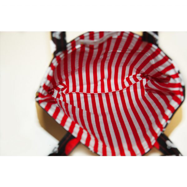 Red and white stripe lining inside kids pirate crayon tote bag