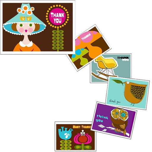 Set of 6 retro illustrated thank you cards — colorful vintage-style greeting cards