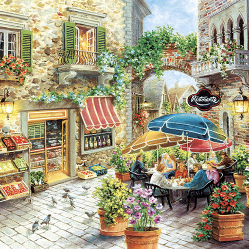 Illustrated paper napkin of an Italian ristorante scene with outdoor dining, cobblestone streets, flower pots, colorful umbrellas, and stone buildings with green shutters.