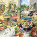 Illustrated paper napkin of an Italian ristorante scene with outdoor dining, cobblestone streets, flower pots, colorful umbrellas, and stone buildings with green shutters.