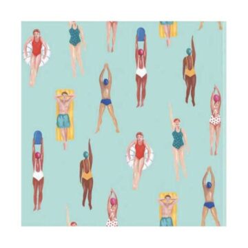 Riviera Swimmers cocktail napkins featuring colorful illustrated swimmers on teal background