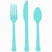 Set of turquoise plastic cutlery including a fork, knife, and spoon on a white background