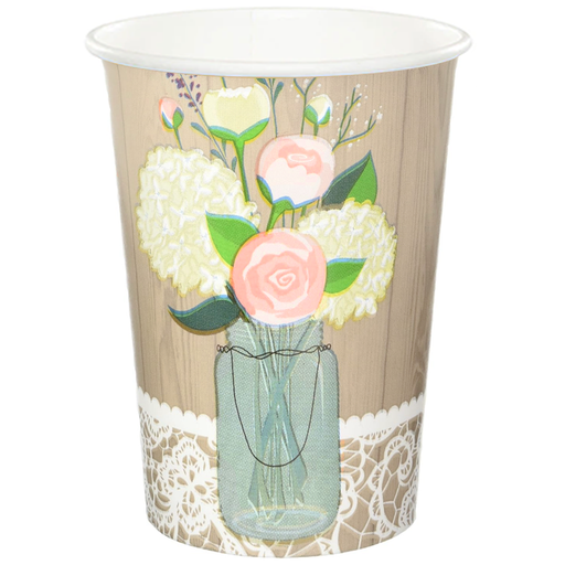 Rustic wedding paper cups with floral mason jar and lace design on wood grain background — perfect for weddings, bridal showers, and garden party entertaining