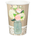 Rustic wedding paper cups with floral mason jar and lace design on wood grain background — perfect for weddings, bridal showers, and garden party entertaining