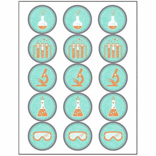 A collection of round gift tags with science lab icons such as test tubes, a microscope, and goggles on a teal background.