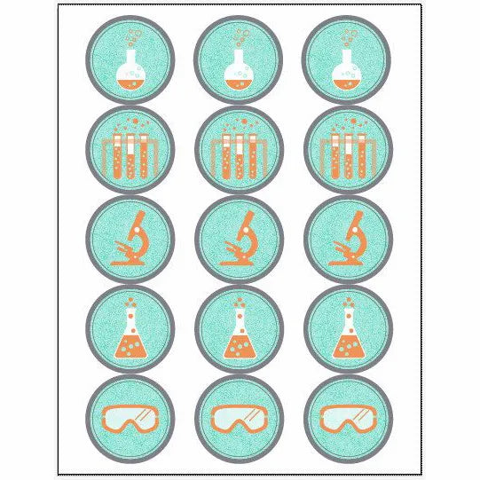 A collection of round gift tags with science lab icons such as test tubes, a microscope, and goggles on a teal background.