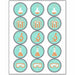A collection of round gift tags with science lab icons such as test tubes, a microscope, and goggles on a teal background.