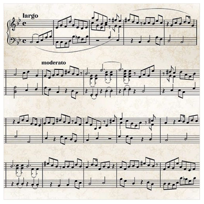 Classical music sheet printed on a paper napkin, featuring a vintage-style design with musical notes in the "Largo" and "Moderato" tempos, perfect for music lovers and event decoration.