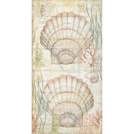 Elegant coastal guest towel napkin featuring soft watercolor scallop shells, coral, seaweed, and oceanic illustrations in pastel tones—ideal for beach weddings, coastal homes, and summer parties