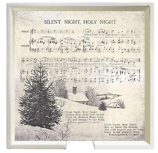 Sheet music for 'Silent Night, Holy Night' with a Christmas scene illustration on a napkin.