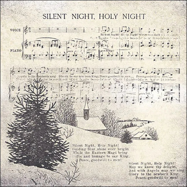 Vintage Silent Night luncheon napkin featuring the “Silent Night, Holy Night” sheet music with a winter church and pine tree illustration in soft neutral tones.
