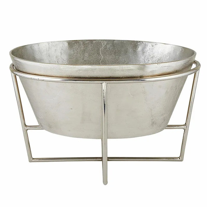 Silver aluminum wine and champagne tub with stand, side angle view showing depth