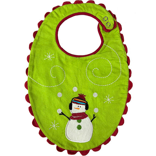 Green bib with snowman design and red trim on a white background
