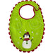 Green bib with snowman design and red trim on a white background