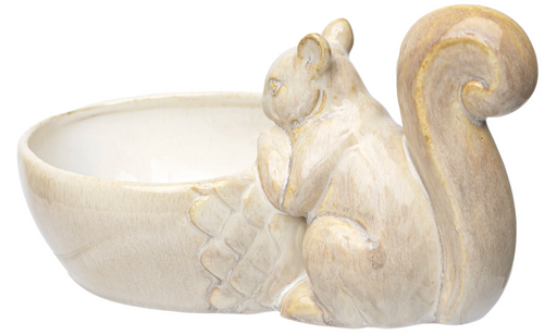 A ceramic Squirrel Candy Dish shaped like a sitting squirrel, featuring a textured cream and light brown glaze on a white background.