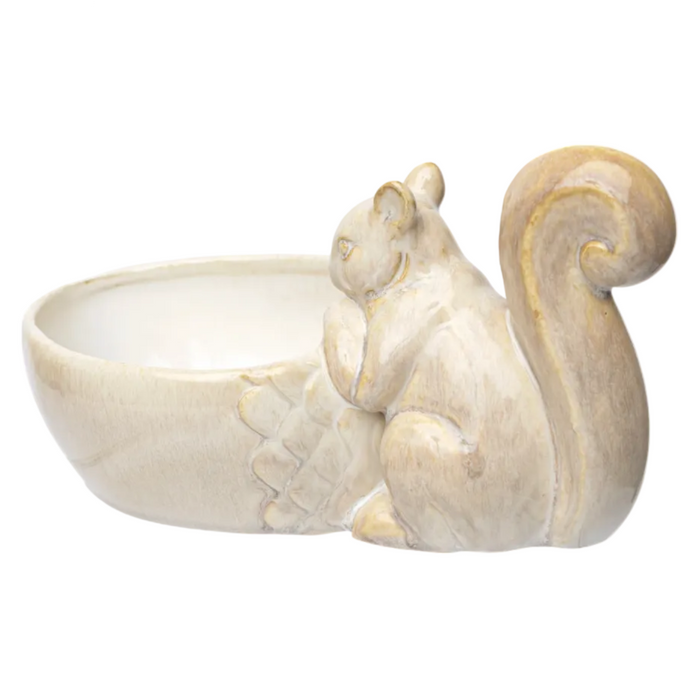 A ceramic Squirrel Candy Dish shaped like a sitting squirrel, featuring a textured cream and light brown glaze on a white background.