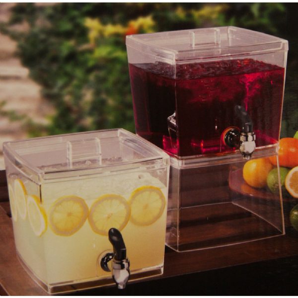 Clear stacking beverage dispensers outdoors filled with lemonade and fruit drink