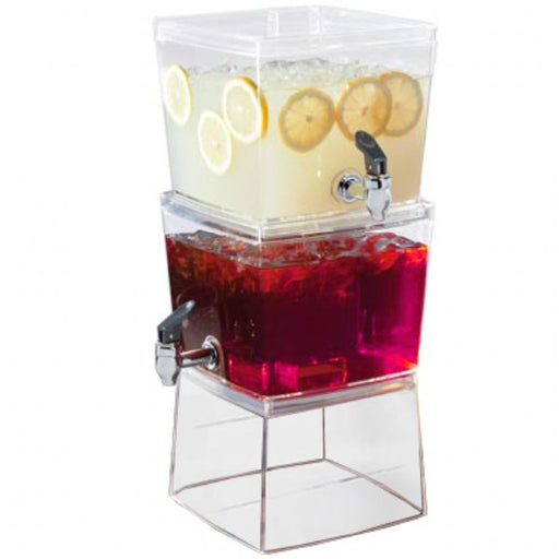 Clear plastic stacking beverage dispenser set of 2, filled with lemonade and red fruit drink, 1.5 gallon each
