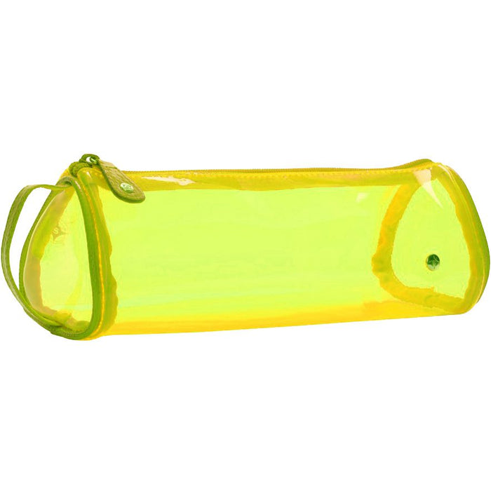 A transparent yellow cosmetic case with a side handle and zipper, featuring a gold logo stud.