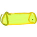 A transparent yellow cosmetic case with a side handle and zipper, featuring a gold logo stud.