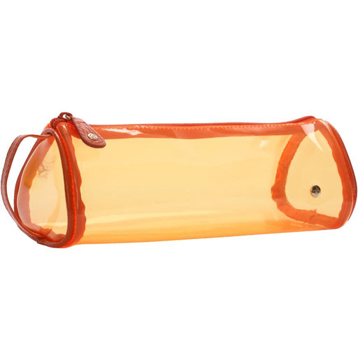 A transparent orange travel tube with a side handle and zipper, featuring tangerine patent trim and a gold logo stud.