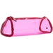 A transparent rectangular cosmetic case with hot pink trim and a hot pink zipper. It has a side handle and a gold logo stud.