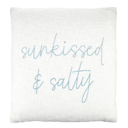 sunkissed and salty embroidered coastal euro pillow in cotton slub fabric with blue stitching