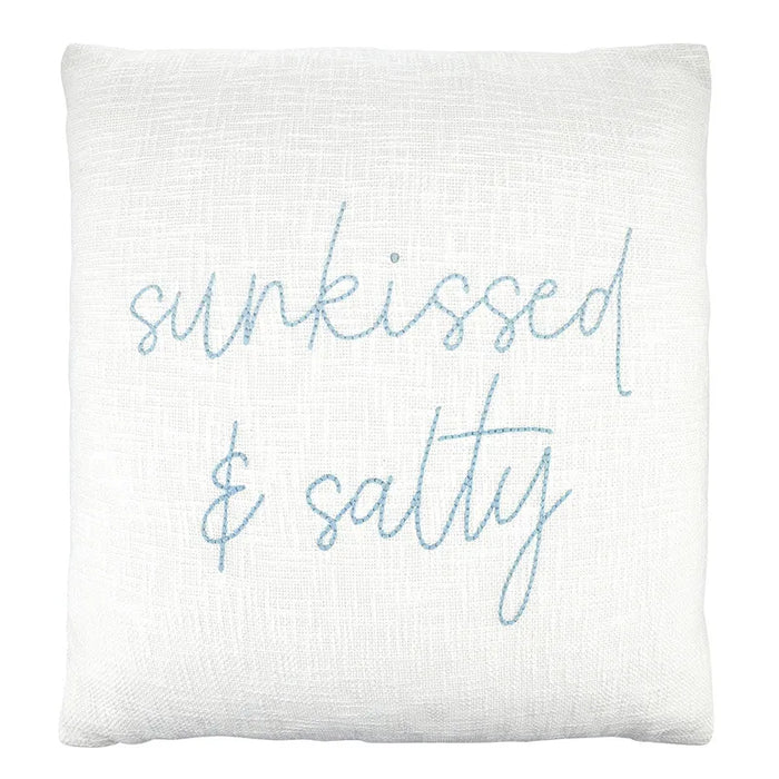 sunkissed and salty embroidered coastal euro pillow in cotton slub fabric with blue stitching