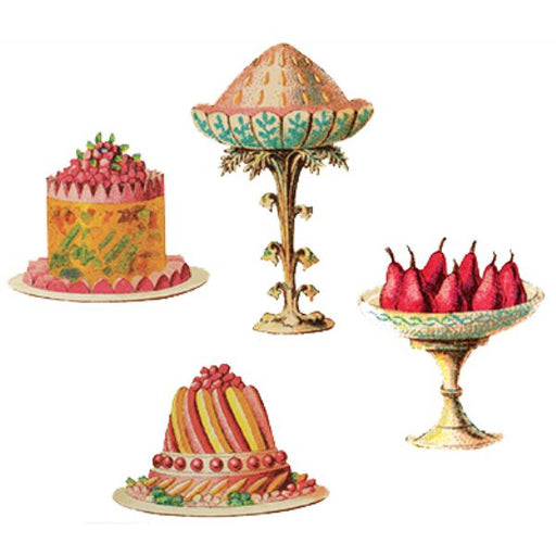A set of three decorative wall decals featuring colorful vintage-style cakes and sweets.