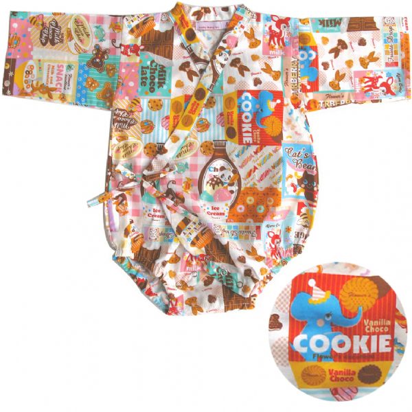 A colorful kimono onesie for babies with various sweet treats like ice cream and cookies printed on it. The onesie is displayed both folded and laid out with a graphic design.