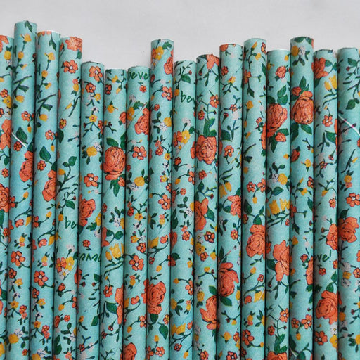 Teal Blue Vintage Flowers Paper Straws 