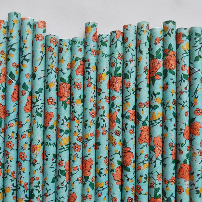Teal Blue Vintage Flowers Paper Straws 