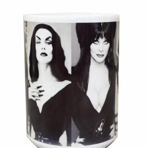 A white ceramic mug featuring a black and white split-screen portrait print of a woman with dark hair and dramatic makeup.