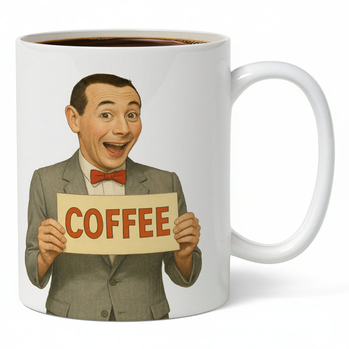 Mug with a vintage-style illustration of a man holding a 'COFFEE' sign, filled with coffee.