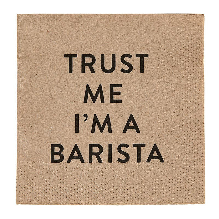 Napkin with 'Trust Me I'm a Barista' text on a brown background