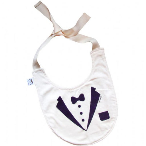 A white baby bib with a tuxedo design, including a bow tie and buttons, displayed against a plain background.