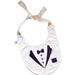 A white baby bib with a tuxedo design, including a bow tie and buttons, displayed against a plain background.