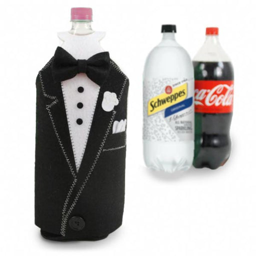 A black and white tuxedo felt bottle cover displayed on a bottle, with additional bottles in the background.