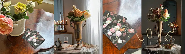 Collage of floral arrangements on tables with decorative cards in various settings.