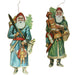 A set of three vintage-style Santa ornaments, each with a different color scheme and carrying a bag of toys, made of heavy cardboard with gold trim.