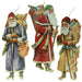 A set of three vintage-style Santa ornaments, each with a different color scheme and carrying a bag of toys, made of heavy cardboard with gold trim.