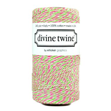 A spool of watermelon bakers twine with pink and green stripes.