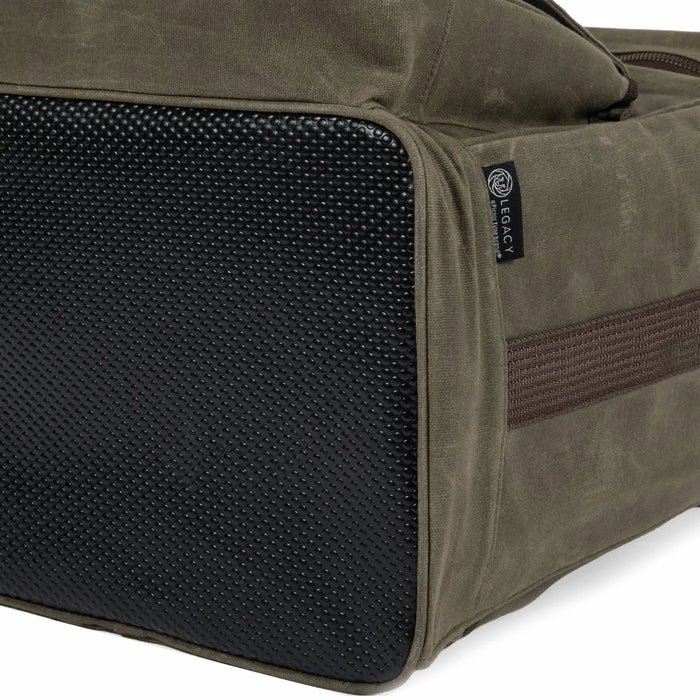 Olive Green duffel bag with black textured panel and 'Legacy' brand label on a white background