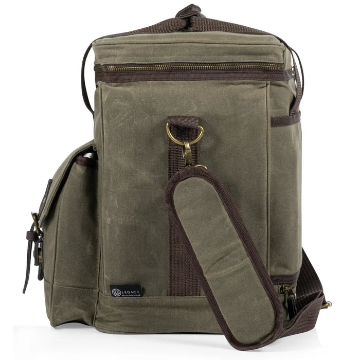 Green backpack with brown accents on a white background