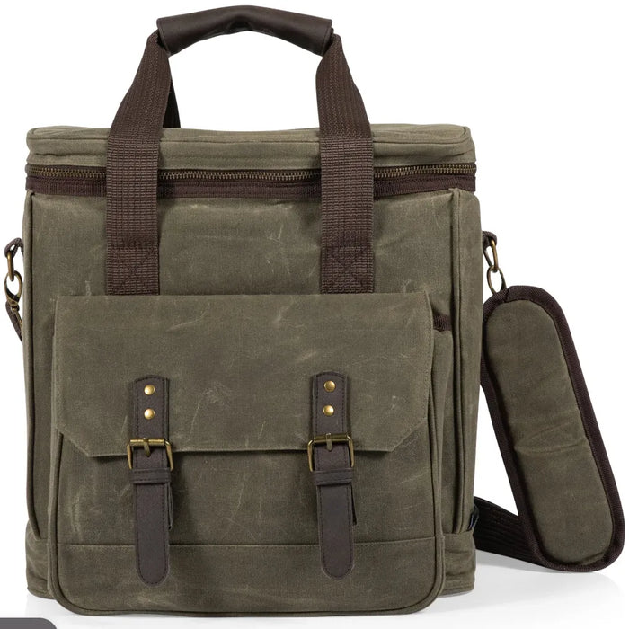 Olive Green waxed canvas backpack with brown straps on a white background