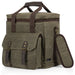 Olive green waxed canvas bag with brown leather straps on a white background