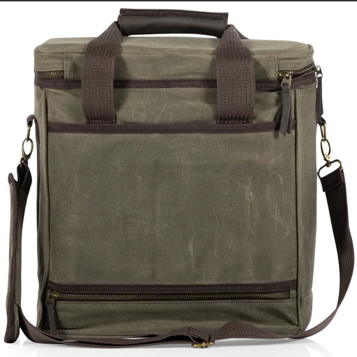 Olive green backpack with brown straps on a white background