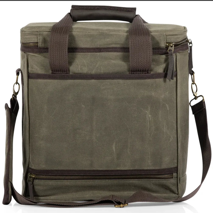 Olive green backpack with brown straps on a white background